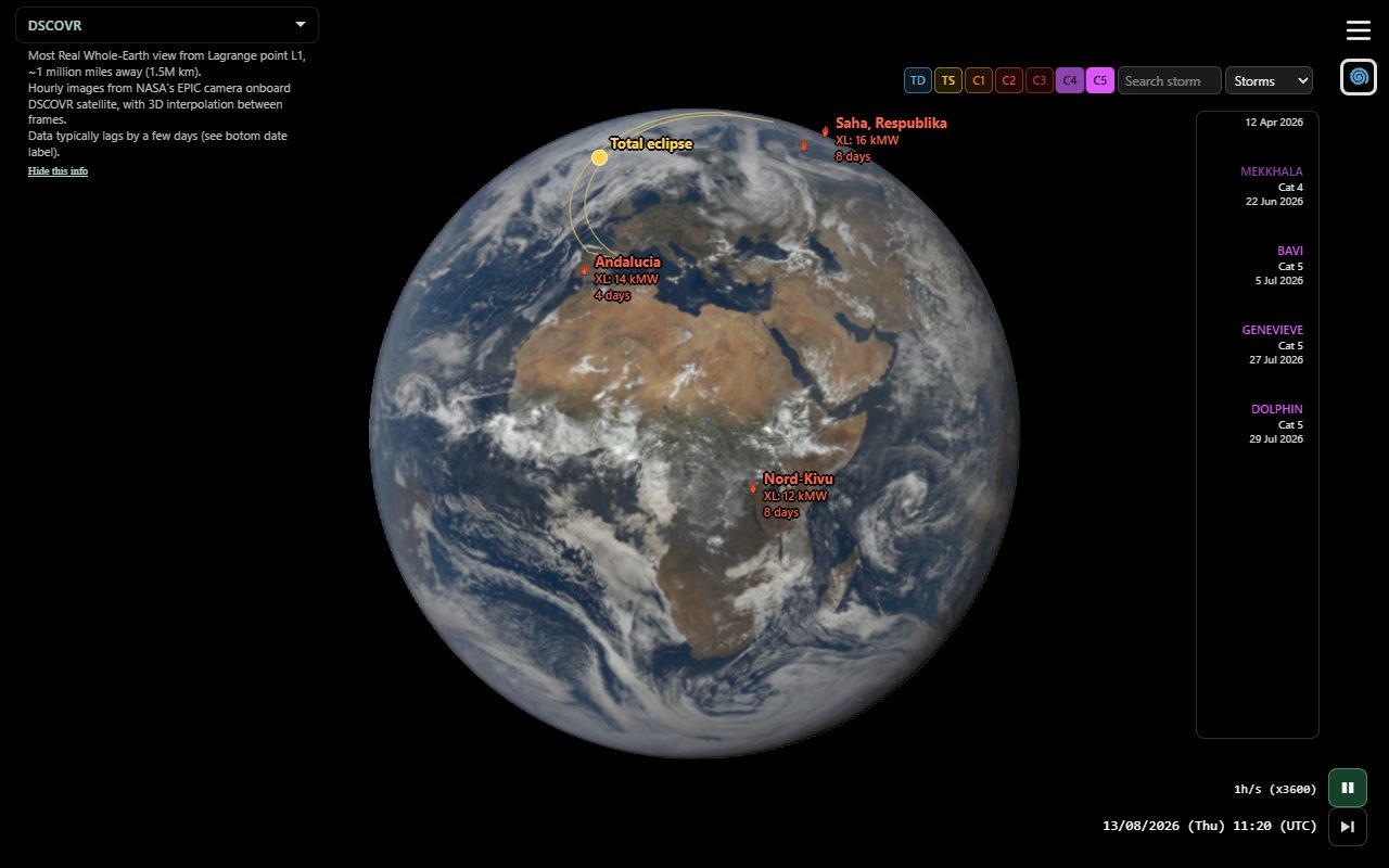 Macro weather: storm chips, event strip, eclipse path and fire markers on the globe
