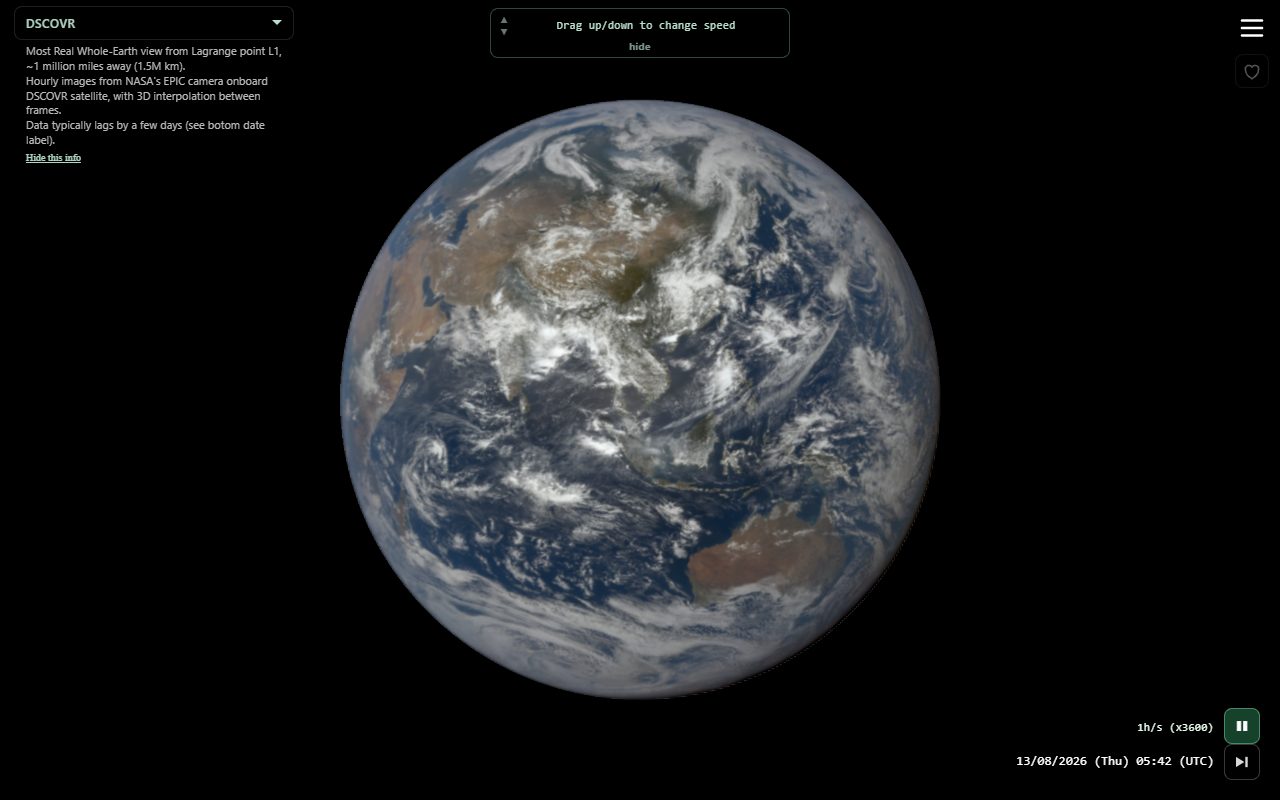 DSCOVR globe with date, play, speed, Latest, view info, and menu