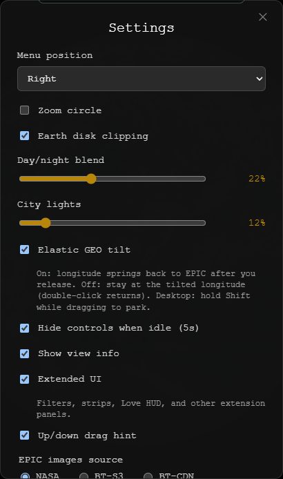 Settings panel: menu position, globe look, chrome, EPIC source