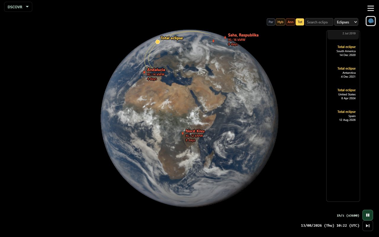 Eclipse path and umbra on the globe