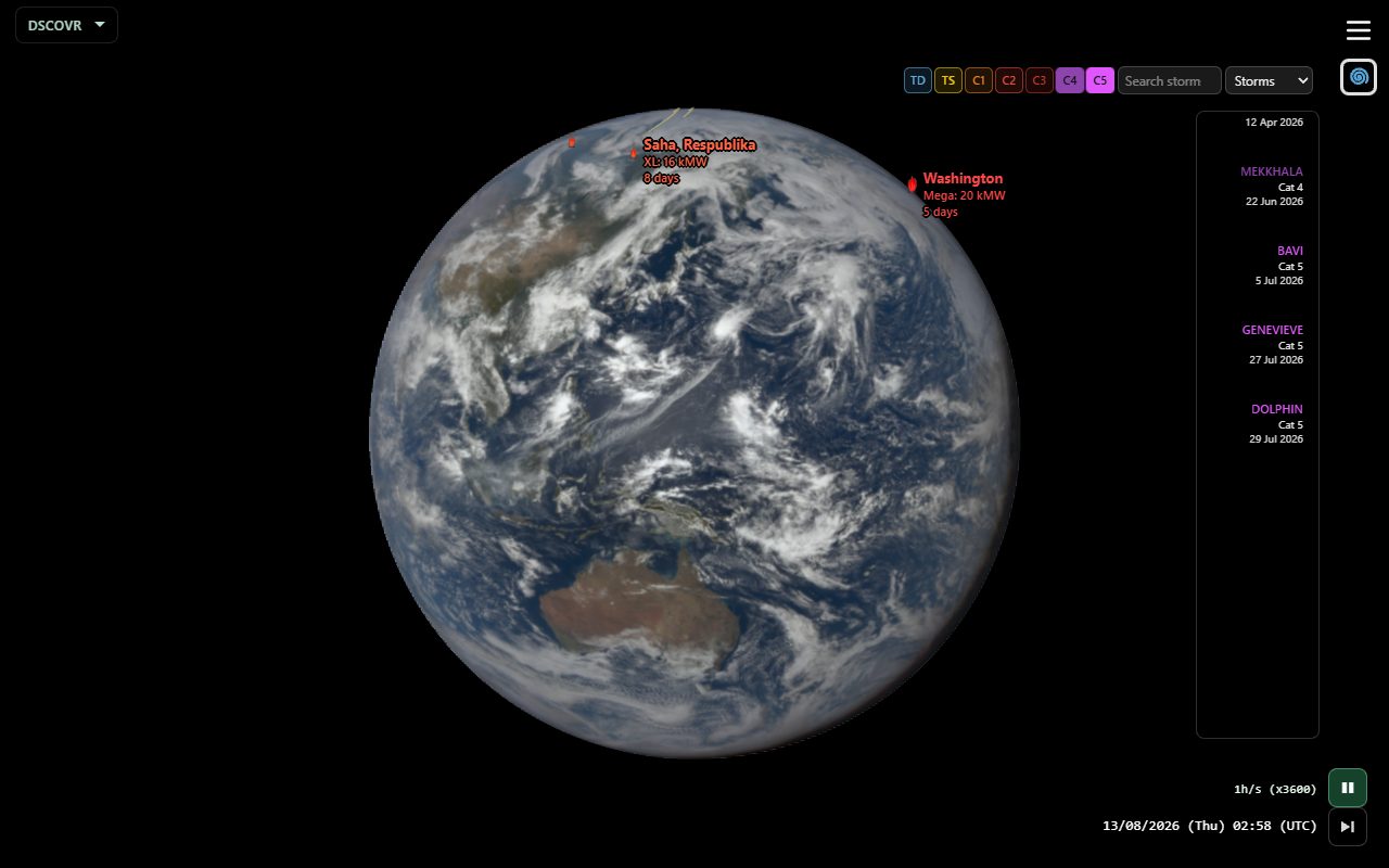 Macro weather on DSCOVR: storm chips, event strip, eclipse path and fire markers
