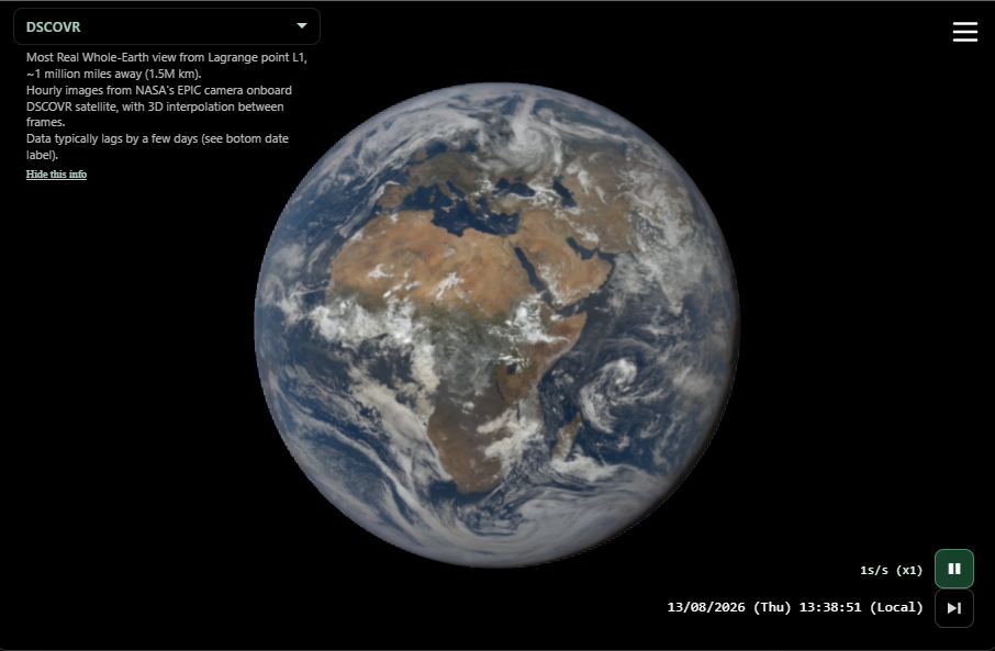 Whole-Earth disc from DSCOVR, EPIC frames interpolated in time