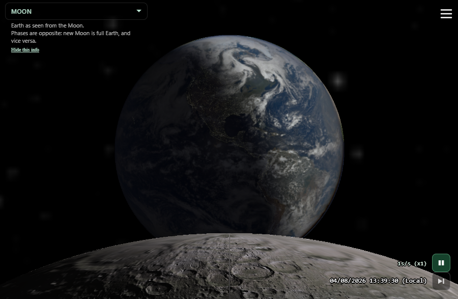 Earthrise: the same interpolated Earth, camera on the lunar line of sight